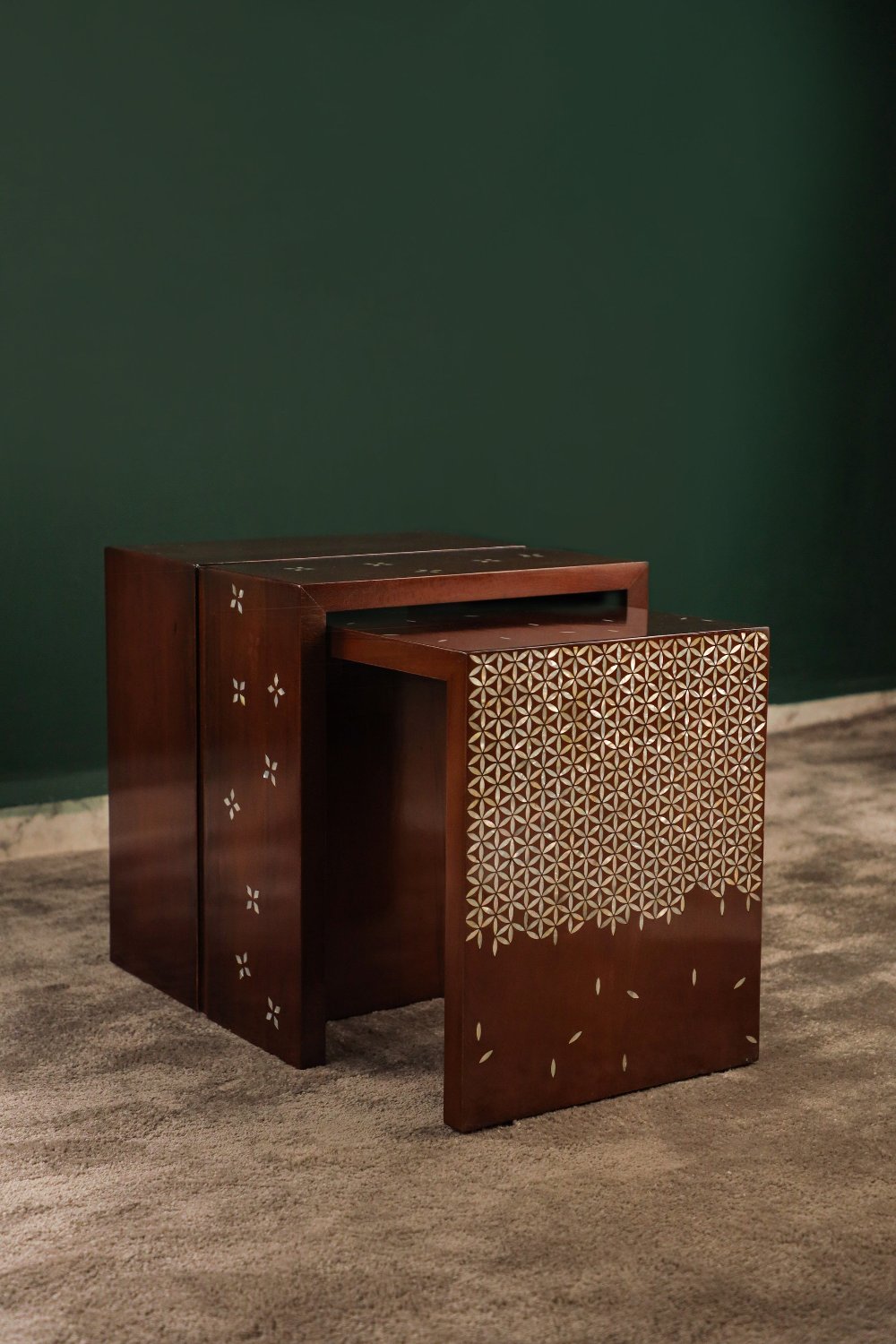 Modern Side Table Set of 2 | Walnut Wood with Mother of Pearl Inlay