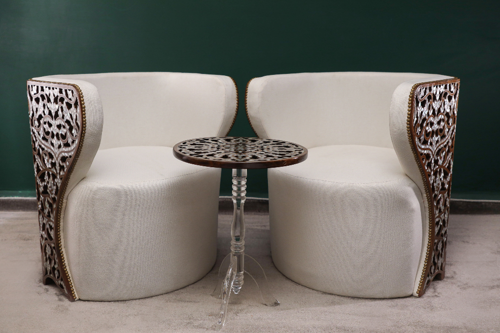 Modern Wood Side Table | Plexi Leg with Mother of Pearl Inlay