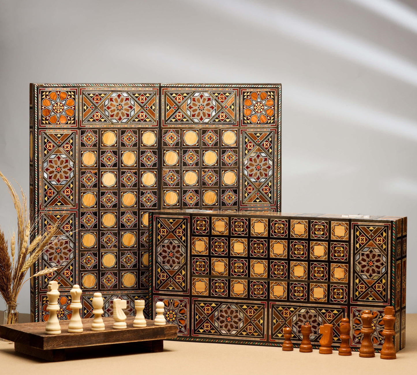 Clearance sale!!! Wooden Chess set- FREE BACKGAMMON PIECES -Folding chess Board, with closing lid Mosaic handmade, Clearance sale!!!