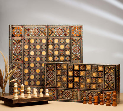 Clearance sale!!! Wooden Chess set- FREE BACKGAMMON PIECES -Folding chess Board, with closing lid Mosaic handmade, Clearance sale!!!