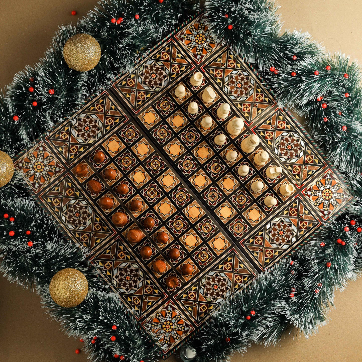 Clearance sale!!! Wooden Chess set- FREE BACKGAMMON PIECES -Folding chess Board, with closing lid Mosaic handmade, Clearance sale!!!