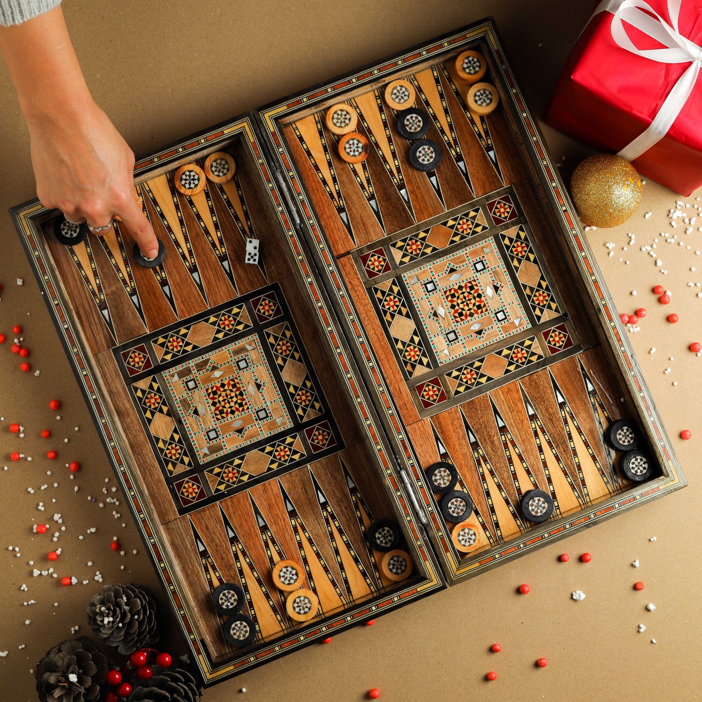 Clearance sale!!! Wooden Chess set- FREE BACKGAMMON PIECES -Folding chess Board, with closing lid Mosaic handmade, Clearance sale!!!