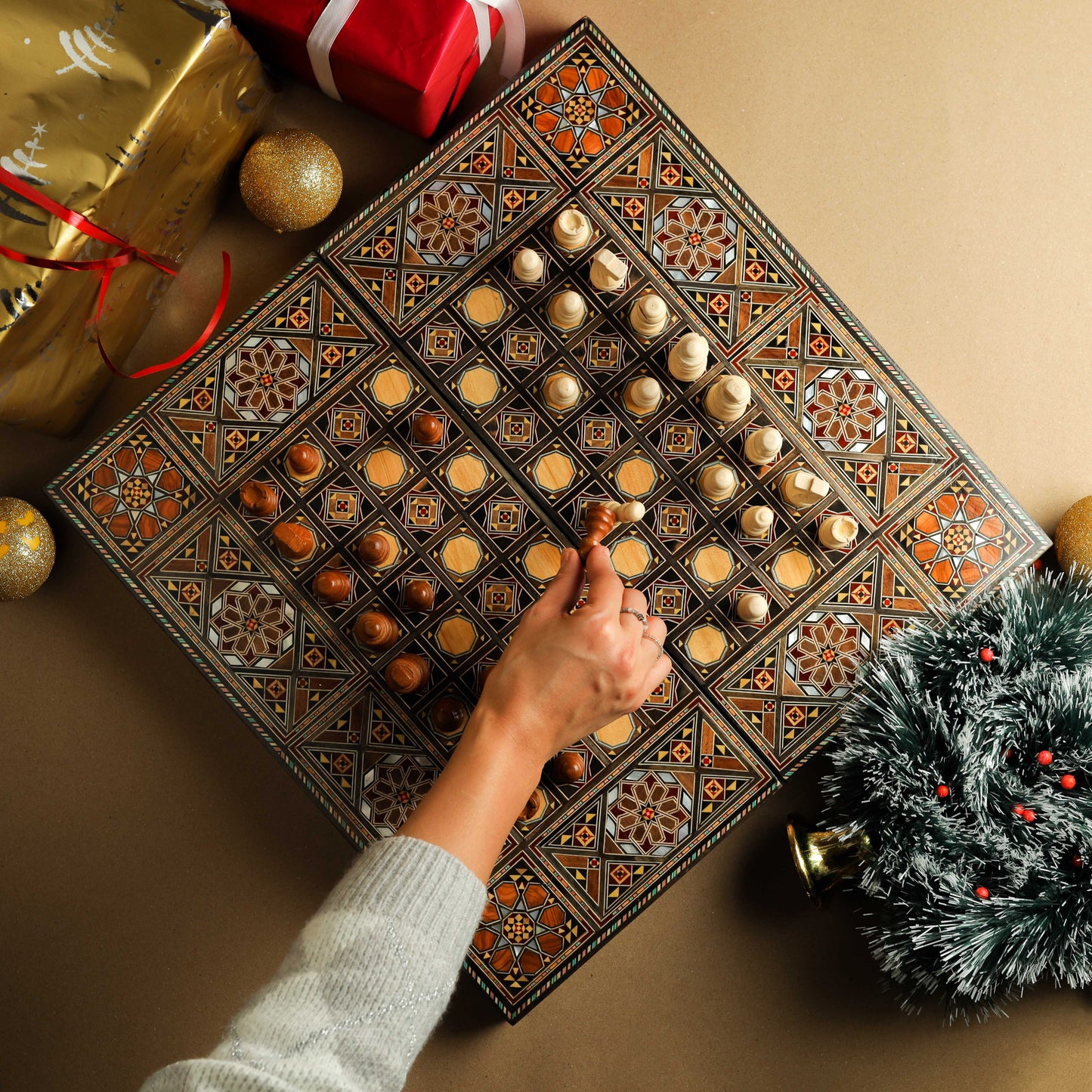 Clearance sale!!! Wooden Chess set- FREE BACKGAMMON PIECES -Folding chess Board, with closing lid Mosaic handmade, Clearance sale!!!