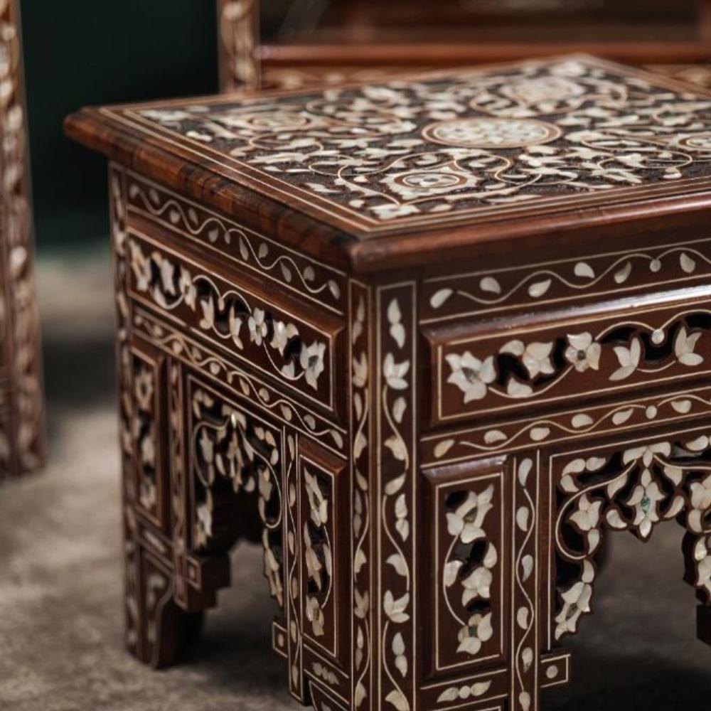Antique English Side Table | Wooden Table with Mother of Pearl Inlay