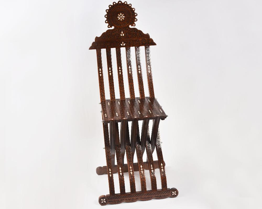 Handmade Artisan's Fold Chair | Walnut Wood, Inlaid with Mother of Pearls