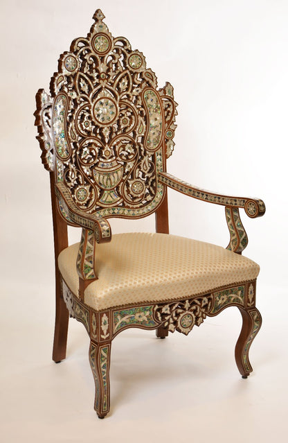 Handmade Oriental Chair | Walnut Wood & Mother of Pearl Inlay