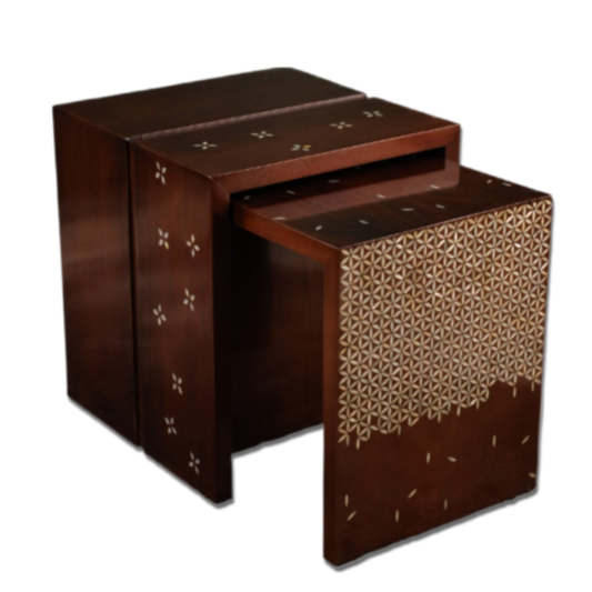 Modern Side Table Set of 2 | Walnut Wood with Mother of Pearl Inlay