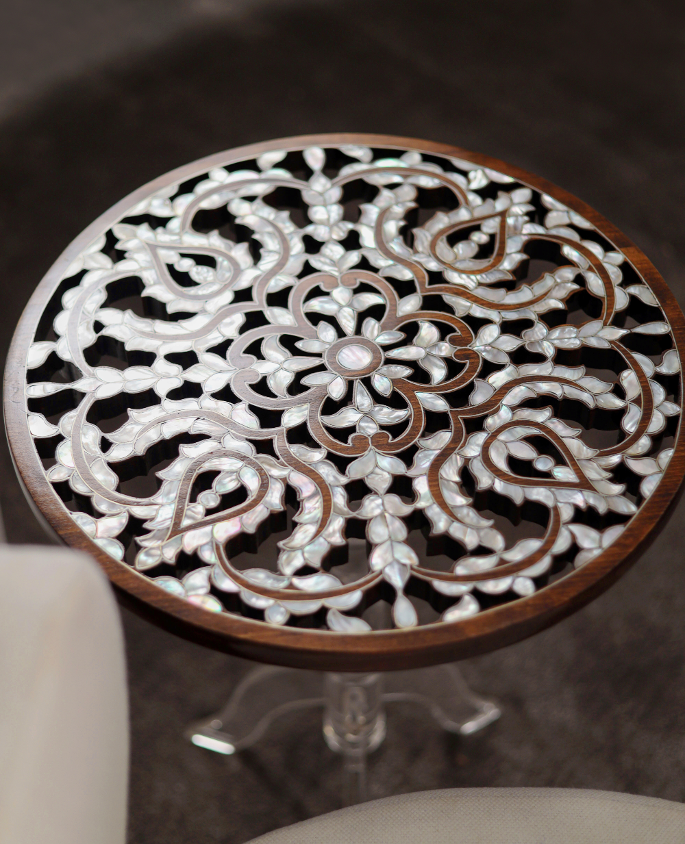Modern Wood Side Table | Plexi Leg with Mother of Pearl Inlay