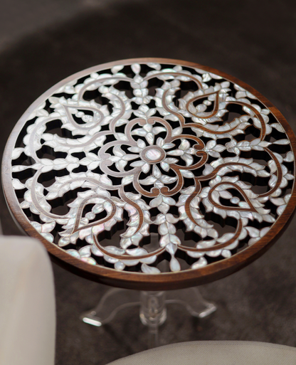 Modern Wood Side Table | Plexi Leg with Mother of Pearl Inlay