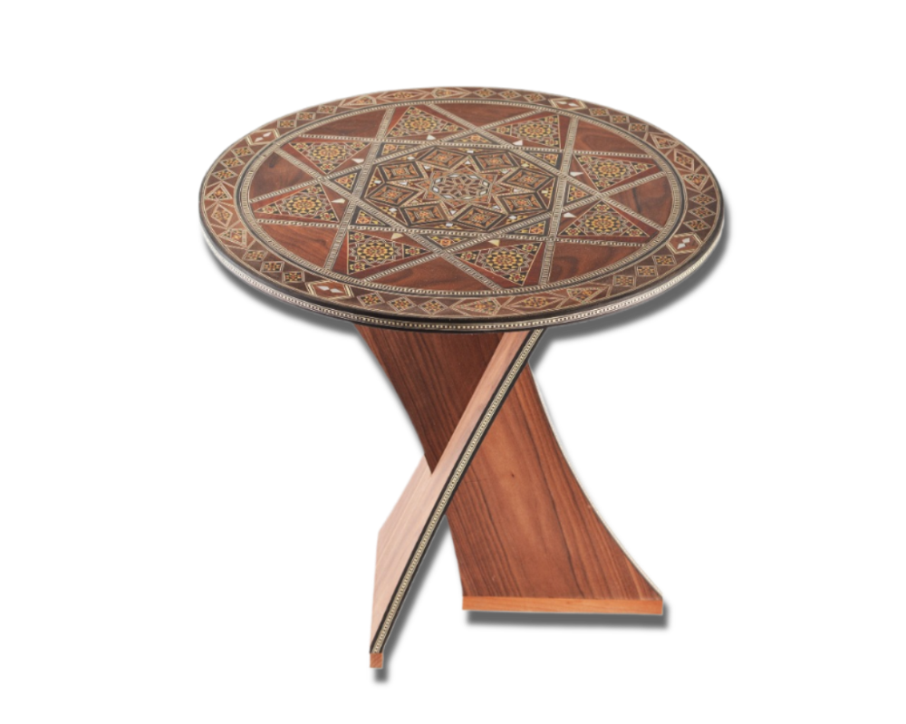 Round Wood Side Table with Modern Mosaic Design