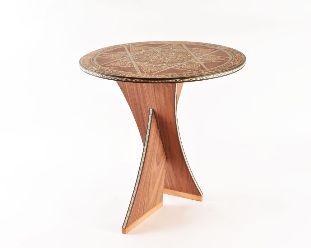 Round Wood Side Table with Modern Mosaic Design