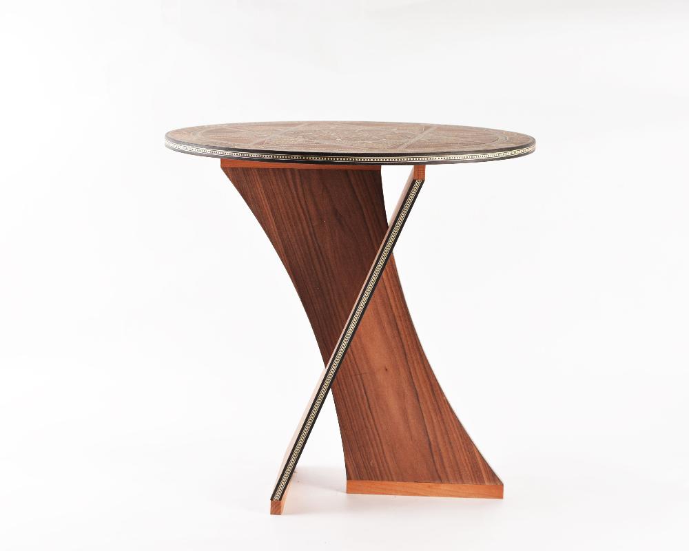 Round Wood Side Table with Modern Mosaic Design