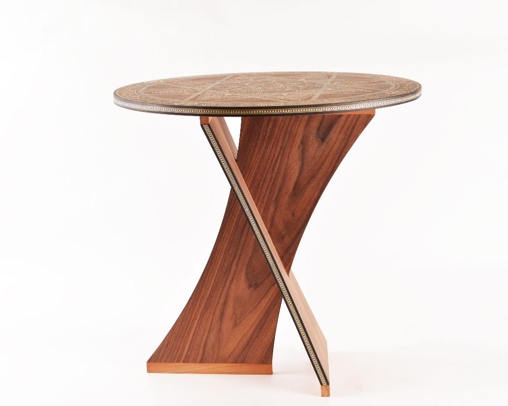 Round Wood Side Table with Modern Mosaic Design