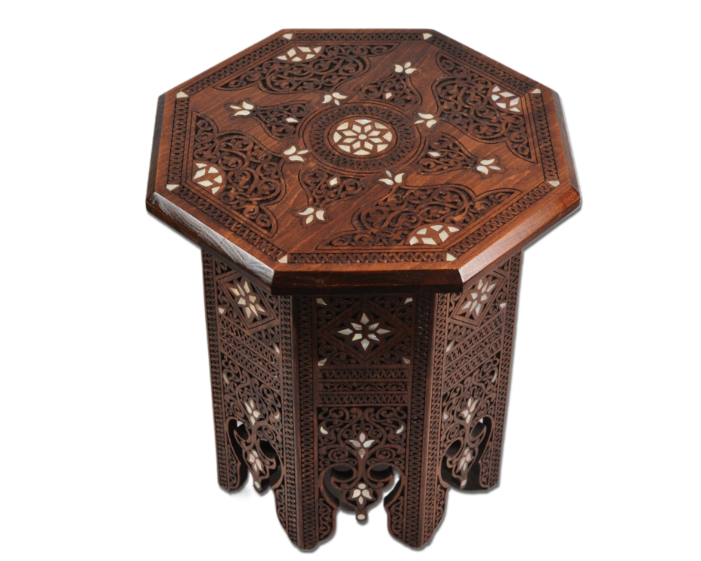 Vintage Octagonal Side Table | Hand Engraved Inlay, Mother of Pearls