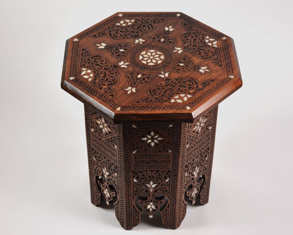 Vintage Octagonal Side Table | Hand Engraved Inlay, Mother of Pearls 