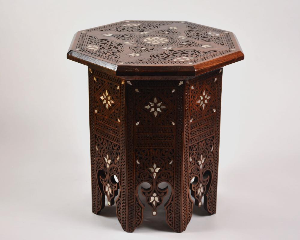 Vintage Octagonal Side Table | Hand Engraved Inlay, Mother of Pearls
