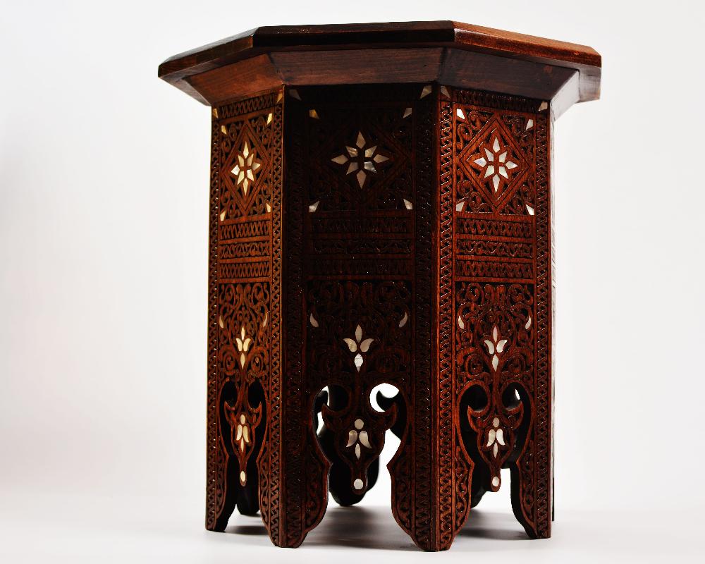 Vintage Octagonal Side Table | Hand Engraved Inlay, Mother of Pearls