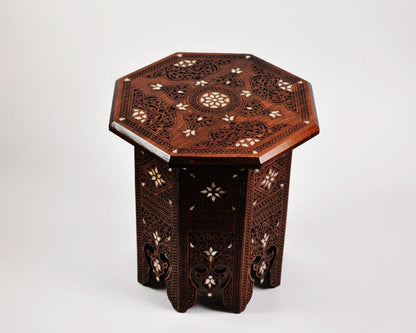 Vintage Octagonal Side Table | Hand Engraved Inlay, Mother of Pearls