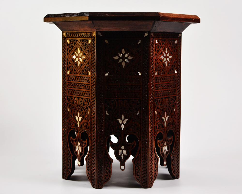 Vintage Octagonal Side Table | Hand Engraved Inlay, Mother of Pearls 
