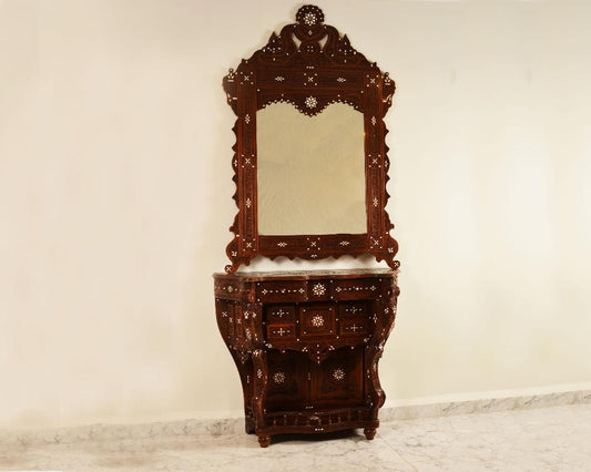 Vintage Wood Console Table | Elegant Walnut Wood & Mother of Pearls