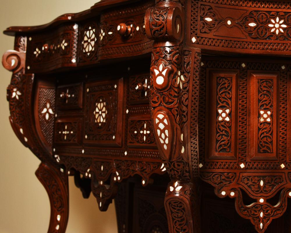 Vintage Wood Console Table | Elegant Walnut Wood & Mother of Pearls
