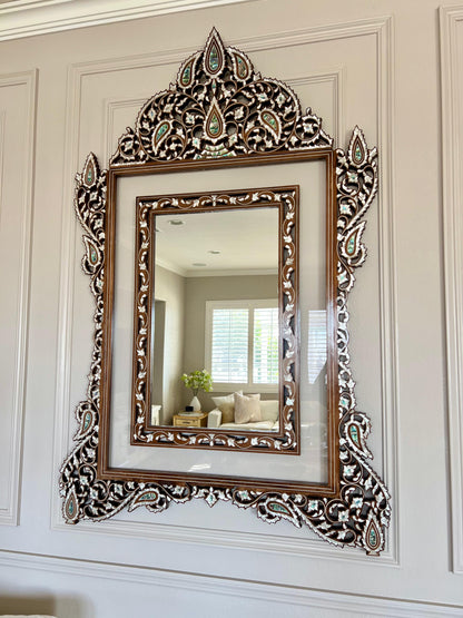 Masterpiece Wooden Wall Mirror with Handcrafted Mother of Pearl Inlay