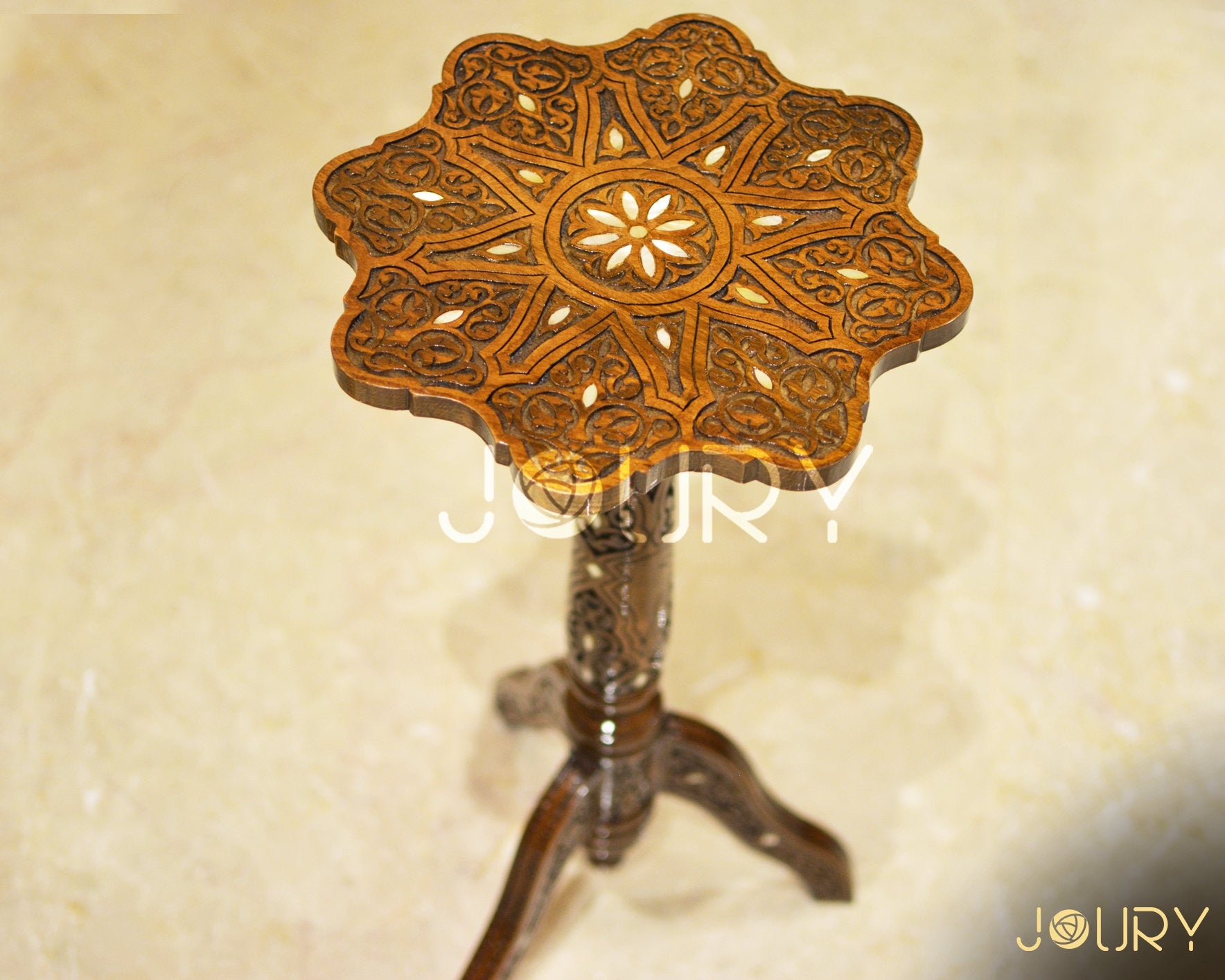 Handmade Wooden Table with Mother-of-Pearl Inlay