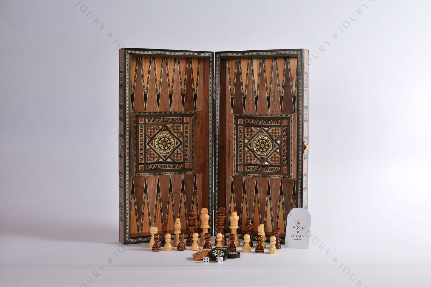 16" Wooden Chess set- FREE BACKGAMMON PIECES -Folding chess Board, with closing lid Mosaic handmade, family Christmas gift