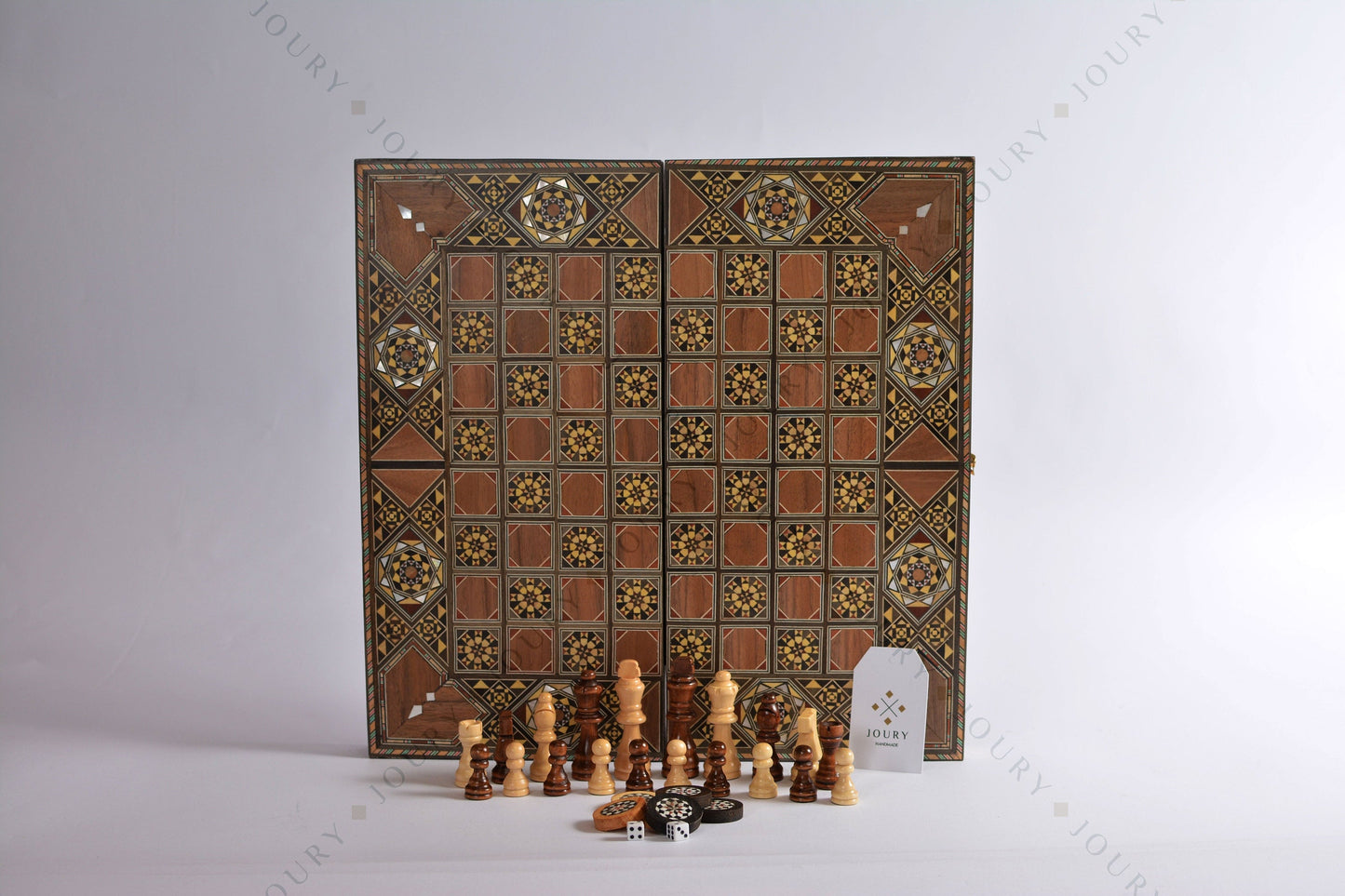 16" Wooden Chess set- FREE BACKGAMMON PIECES -Folding chess Board, with closing lid Mosaic handmade, family Christmas gift