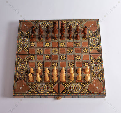 16" Wooden Chess set- FREE BACKGAMMON PIECES -Folding chess Board, with closing lid Mosaic handmade, family Christmas gift