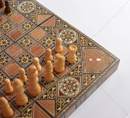 16" Wooden Chess set- FREE BACKGAMMON PIECES -Folding chess Board, with closing lid Mosaic handmade, family Christmas gift