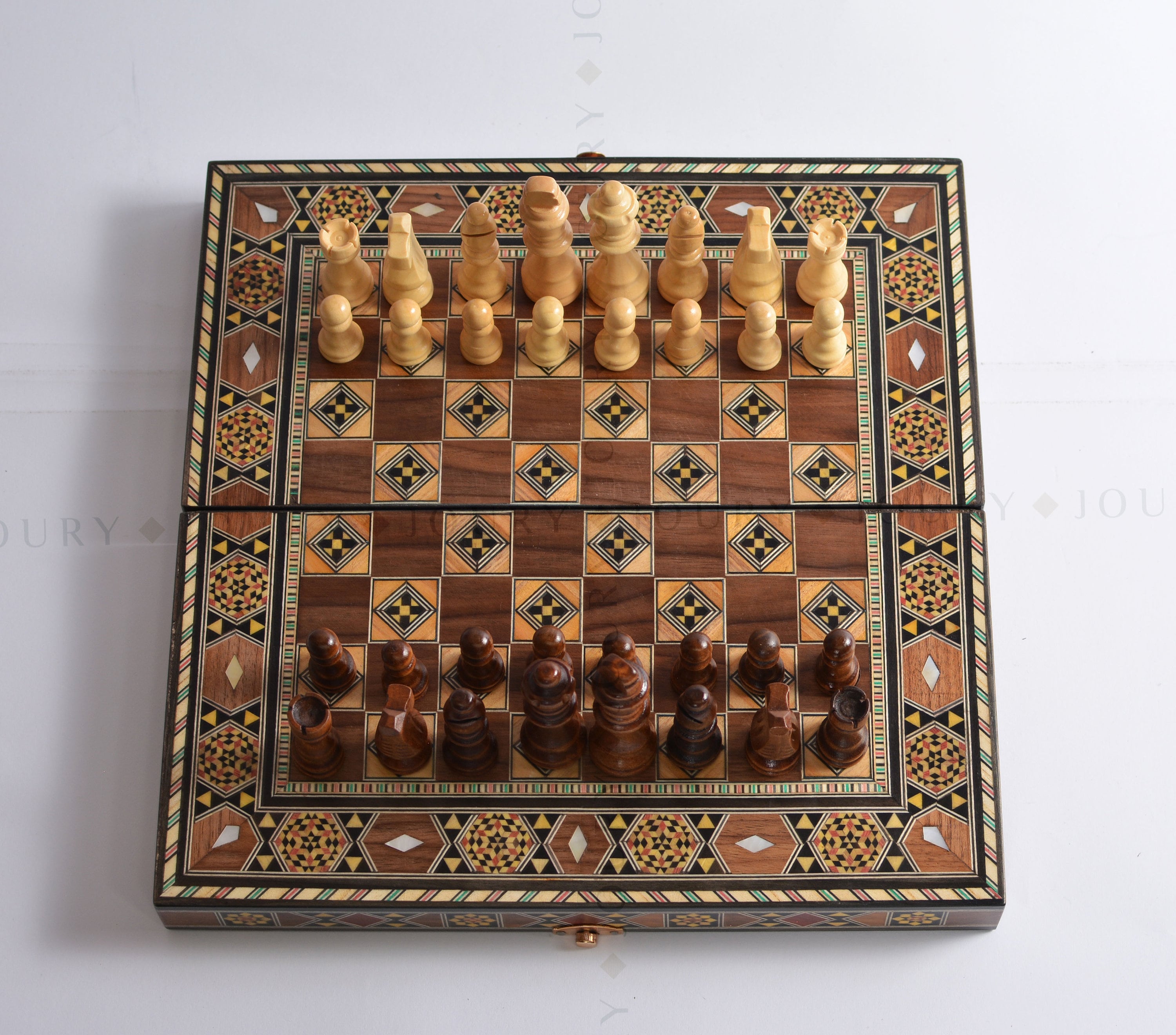 12" Foldable Chess & Backgammon Board with Mother-of-Pearl Inlay