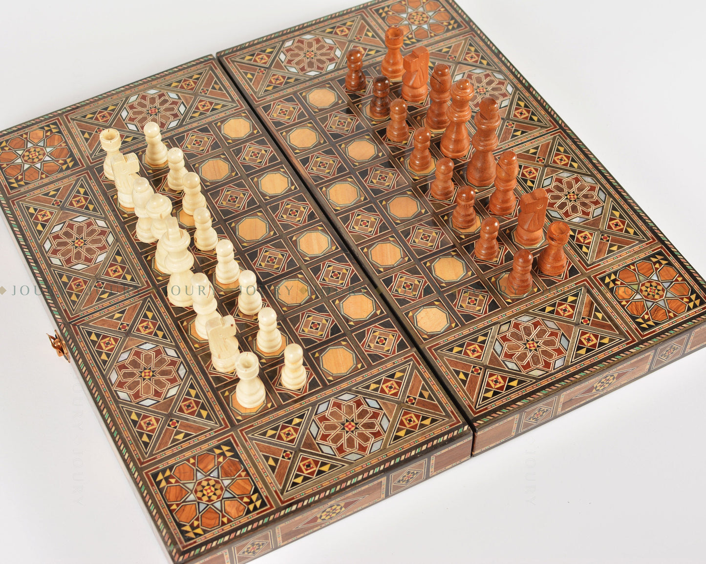 Clearance sale!!! Wooden Chess set- FREE BACKGAMMON PIECES -Folding chess Board, with closing lid Mosaic handmade, Clearance sale!!!