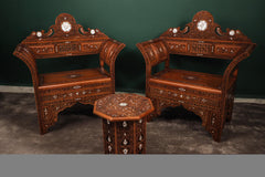 Handcrafted Living Room Set 2 Chairs, 1 Sofa & 1 Table with Mother-of-Pearl Inlay